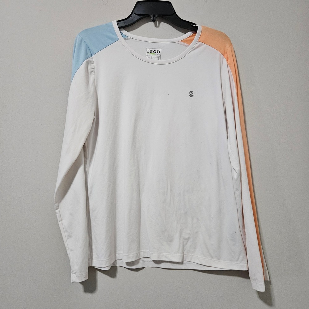 IZOD‎ Golf Womens Long Sleeve Colorblock Performance Shirt White Blue Peach LG